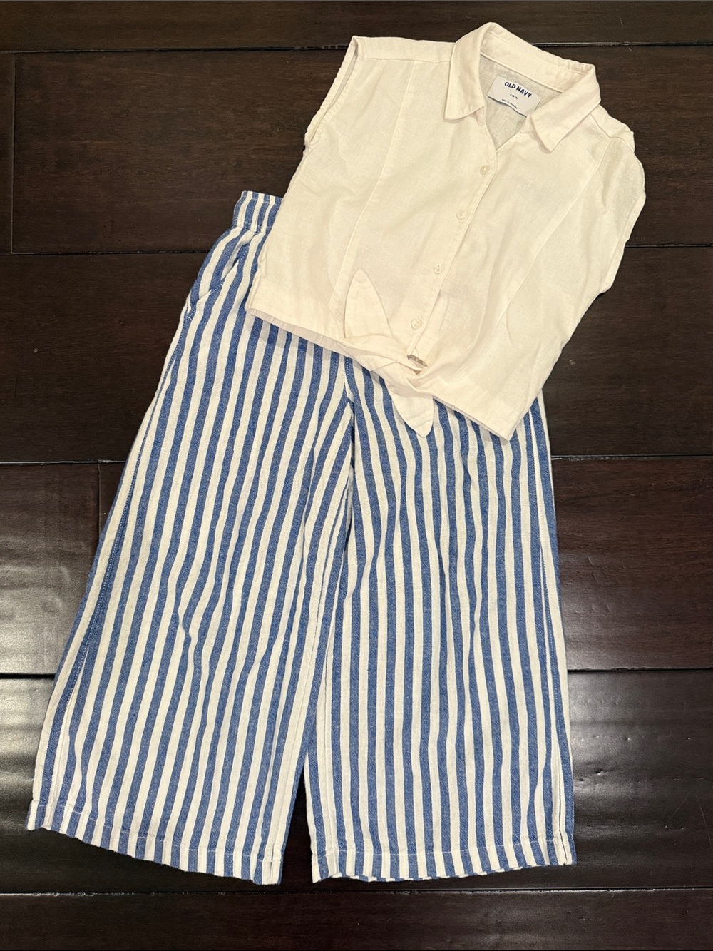 Old Navy Cream Tie-Front Shirt with Blue & White Striped Wide-Leg Pants
